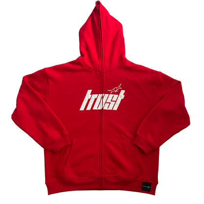 TRUST FUL ZIPPER PUFF PRINT HOODIE [RED]