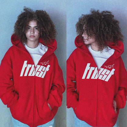 TRUST FUL ZIPPER PUFF PRINT HOODIE [RED]